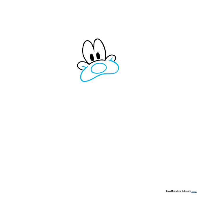 Drawing the large oval nose and snout area of Pluto.