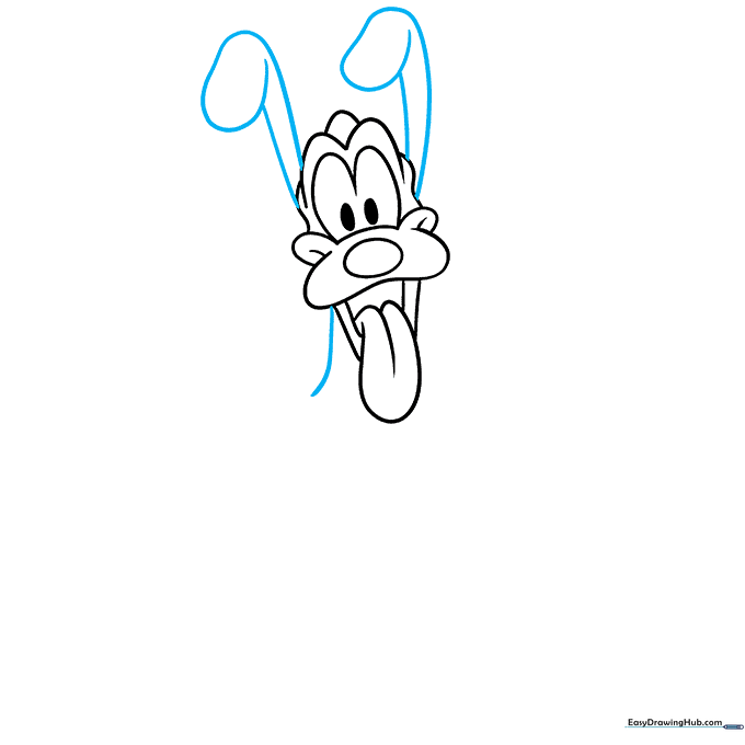 Drawing the long, floppy ears extending from the sides of Pluto's head.
