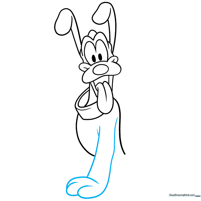Detailing the first front leg and paw of the Pluto drawing.