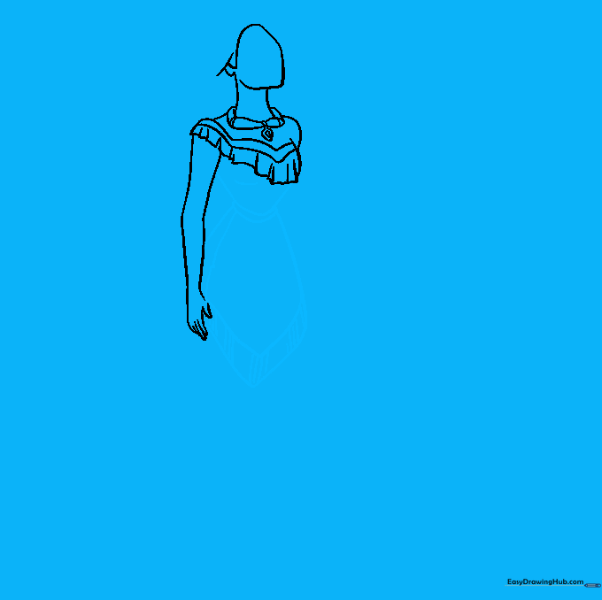 Sketch showing the full dress silhouette with belt and fringe details.