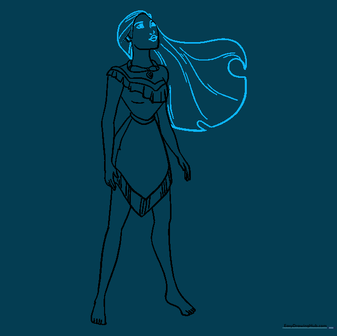 Sketch showing Pocahontas's long, flowing hair added to the figure.