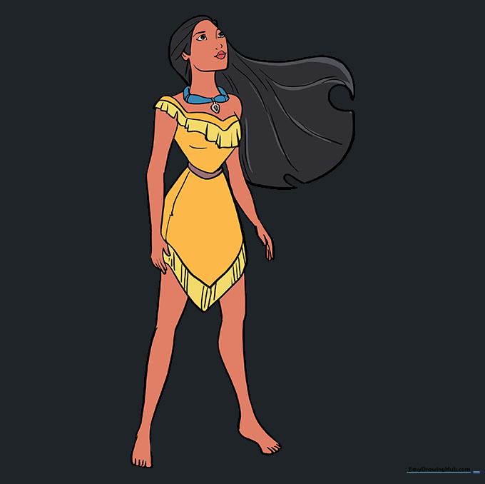 Final colored illustration of Pocahontas with black hair, tan dress, and blue necklace.