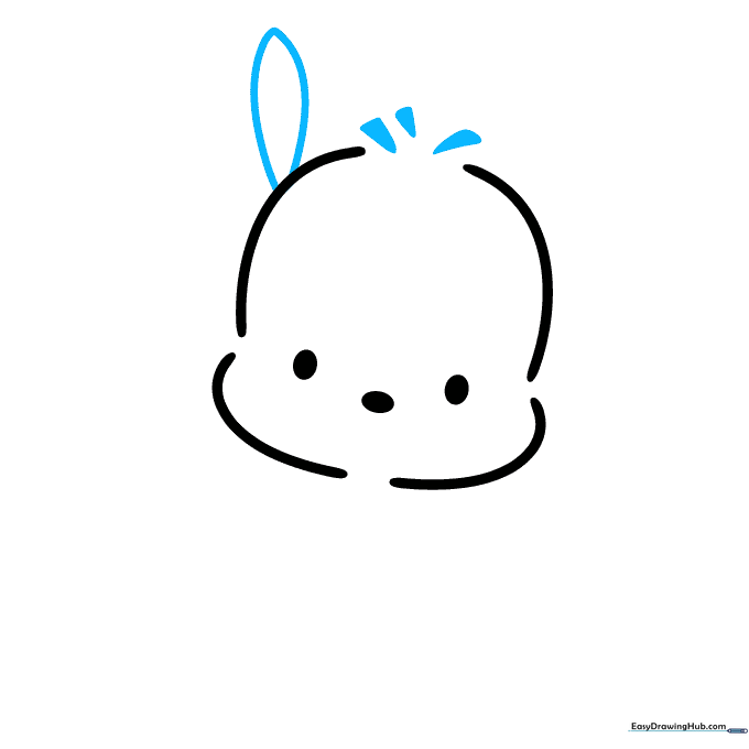 Pochacco drawing showing one floppy ear and three small fur tufts on the crown of the head.