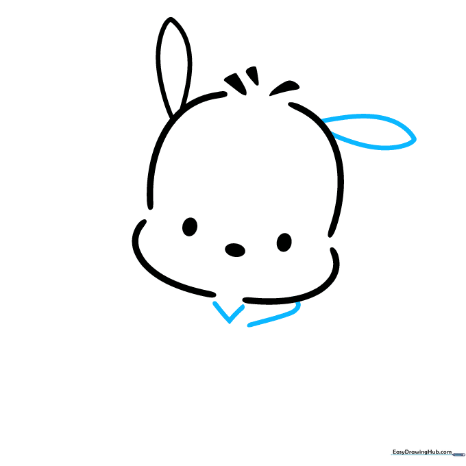Pochacco drawing with both ears added and the beginning of a shirt collar under the chin.