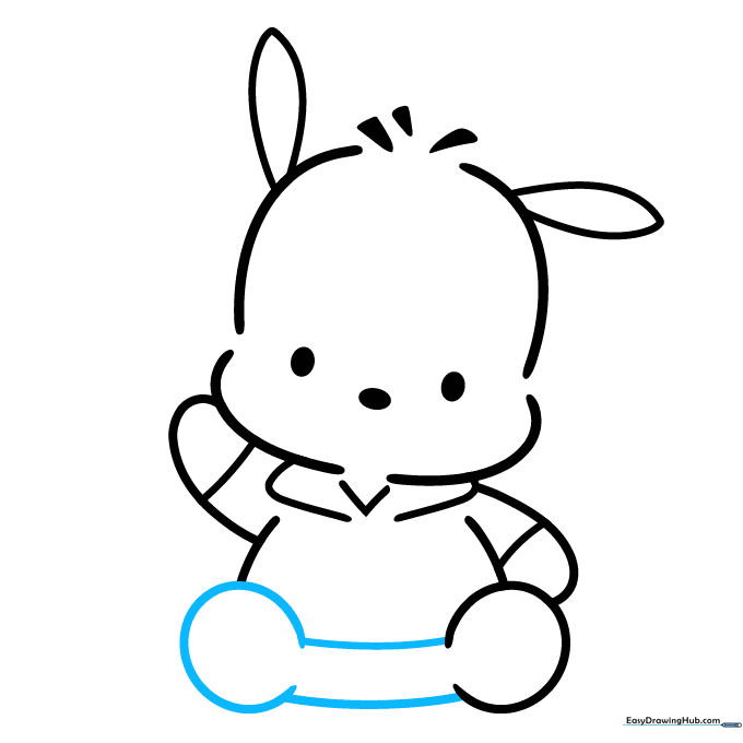 Pochacco drawing showing both feet connected by horizontal lines to complete the body outline.