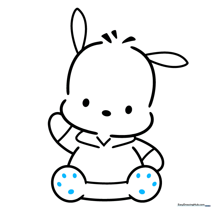 Pochacco drawing with three small oval paw pads added to each foot.