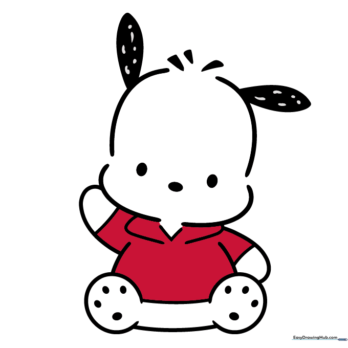 A finished, colored drawing of Pochacco with black ears and a shirt, ready for display.
