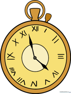 A detailed, finished drawing of a classic gold pocket watch with a chain.