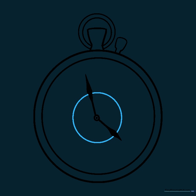 A small circle drawn at the center of the clock hands to represent the central pin.