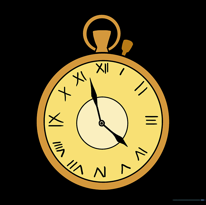 A finished, colored pocket watch drawing with metallic gold tones.