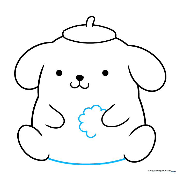 Connecting the feet with a curved line and starting to draw a cookie in the character's hand.