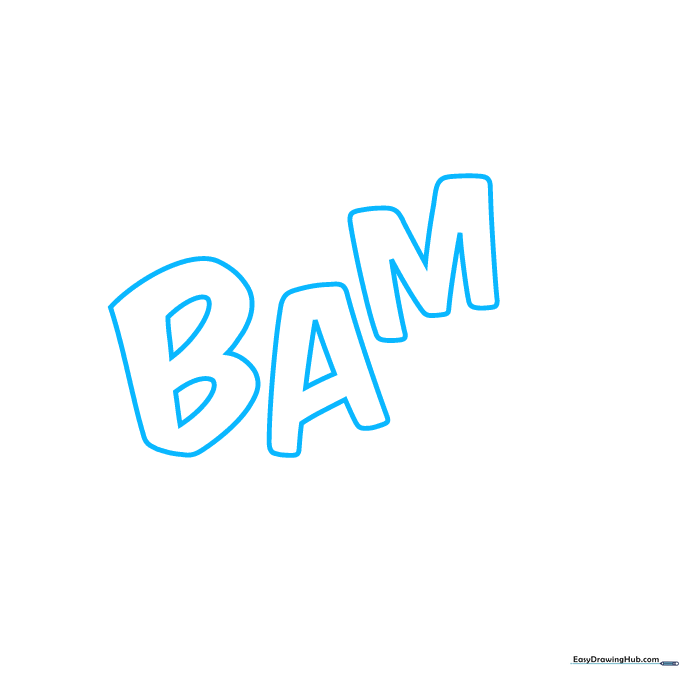 Pencil sketch of the word BAM in block letters centered on a white background.