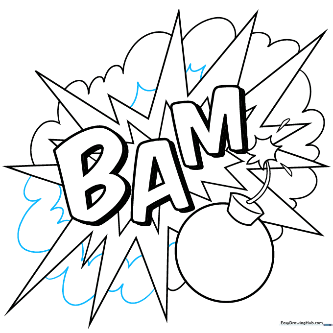 Completed cloud shapes and additional triangular accents behind the main explosion.