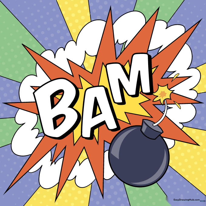 Fully colored Pop Art drawing with vibrant stripes, a grey bomb, and orange explosion.