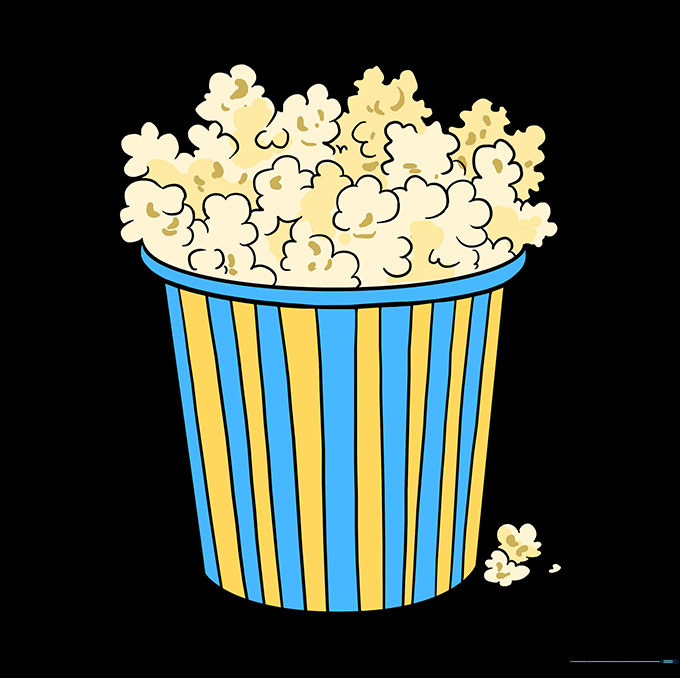 A fully colored popcorn bucket with red and white stripes and yellow buttered popcorn.