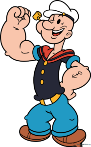 Full-body colored drawing of Popeye, showcasing his iconic sailor outfit and muscles.
