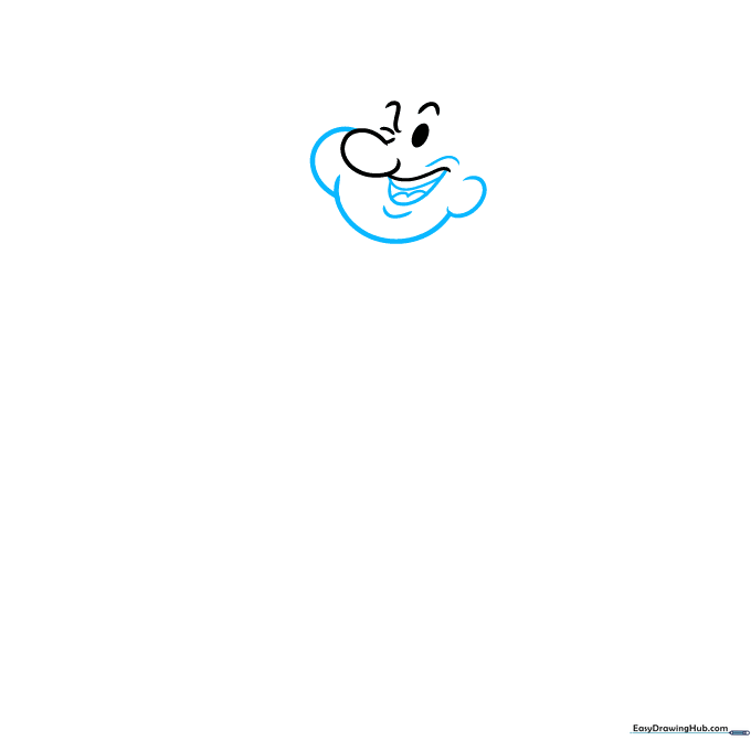 Drawing the lower face of Popeye, focusing on the dimpled chin and open mouth structure.
