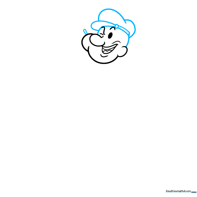 Adding the sailor hat and the beginning of the pipe stem to Popeye's head.
