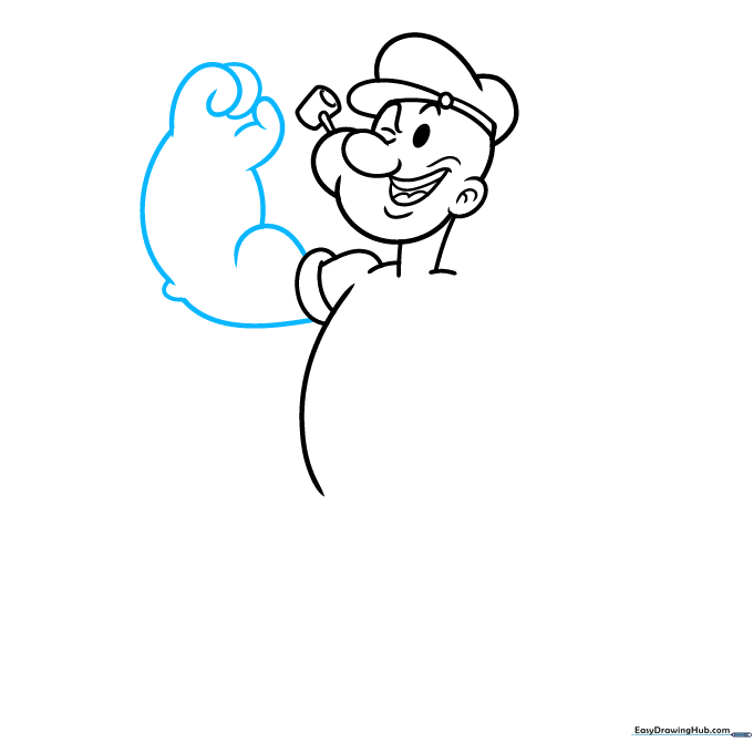 Sketching Popeye's signature large, muscular forearm and bicep.