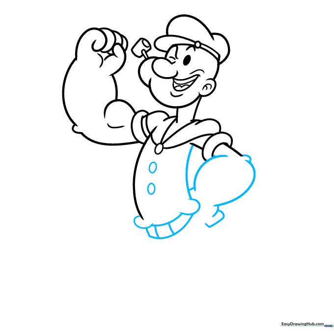 Drawing the torso, buttons, and belt of the sailor uniform.