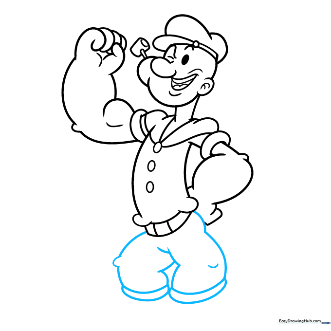 Sketching the legs and pant cuffs of the Popeye character.
