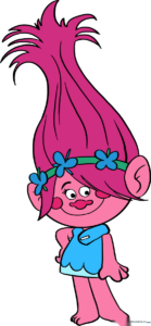 A colorful, finished drawing of Poppy from Trolls, showcasing her signature pink hair and floral headband.