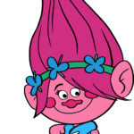 A colorful, finished drawing of Poppy from Trolls, showcasing her signature pink hair and floral headband.