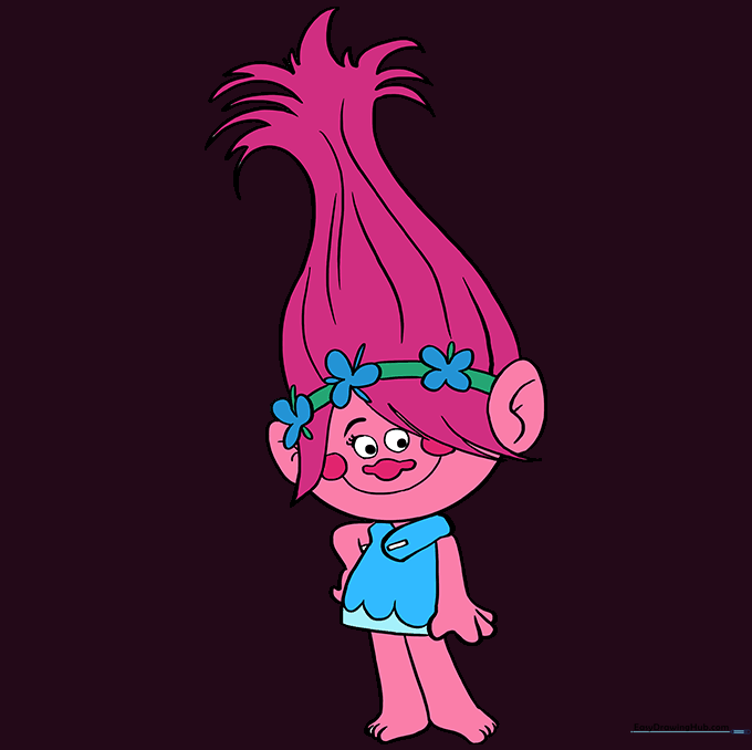 The final colored drawing of Poppy from Trolls with pink hair and blue dress.