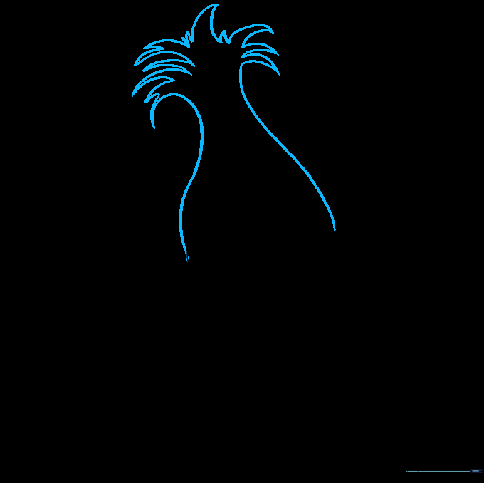 Adding the tall, signature Troll hair using long curved lines and sharp points.