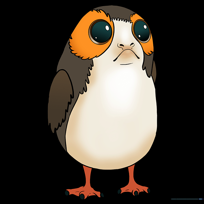The finished, colored Porg drawing featuring brown, tan, and orange accents.