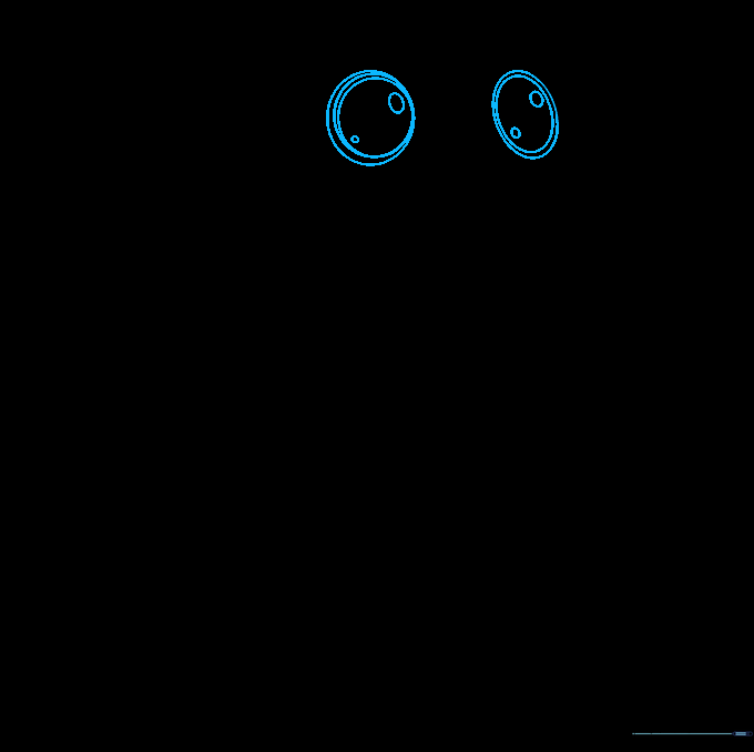 Detailed drawing of the Porg's large, expressive eyes with highlights.