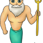 A colorful, finished illustration of Poseidon holding his trident.