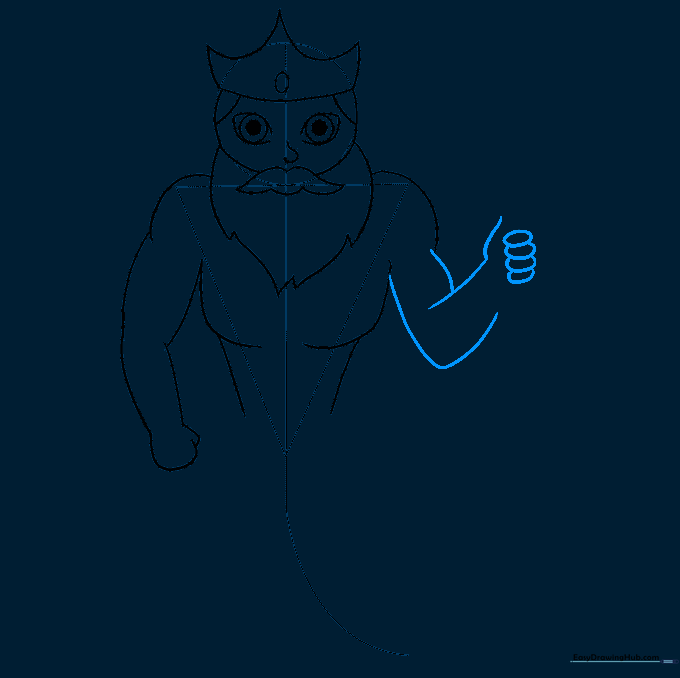 The second arm positioned to hold a staff with fingers drawn as small ovals.