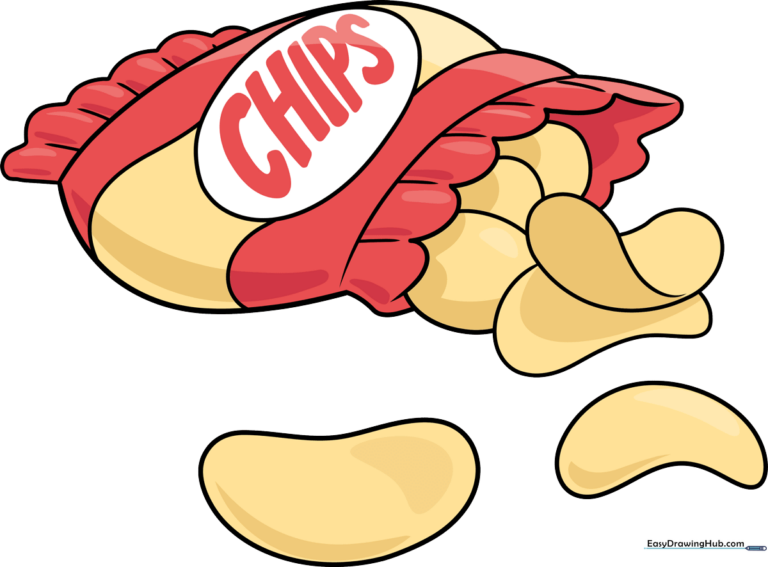 A vibrant, finished illustration of a bag of potato chips with several chips spilling out.