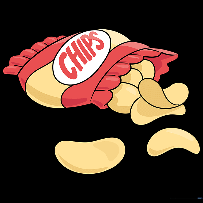 A finished, colored drawing of a bag of potato chips.