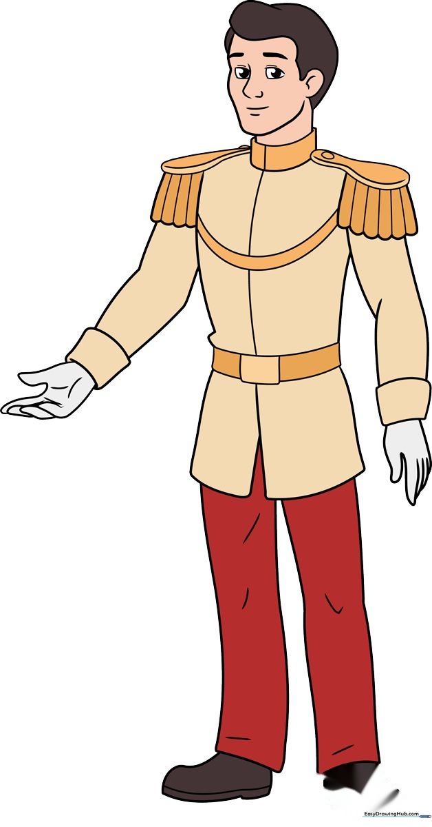 A vibrant, completed illustration of Prince Charming, showcasing the final result of the drawing tutorial.