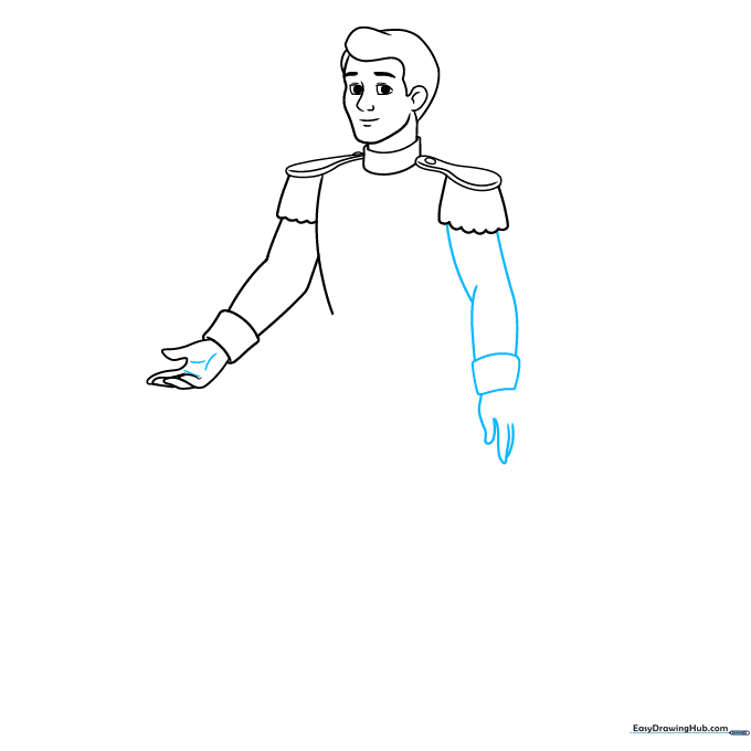Drawing the second arm and hand to complete the upper body of the character.