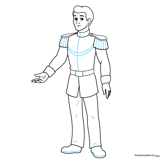 Finalizing the drawing with chest chain details, pant texture, and boot soles.
