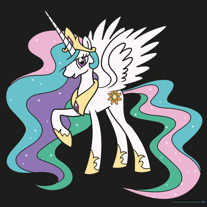 Full color illustration of Princess Celestia with her signature multicolored mane.
