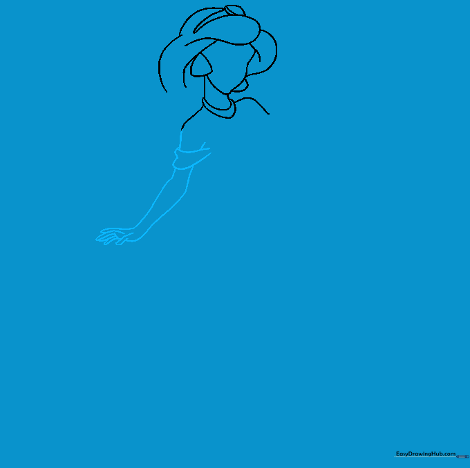 Line drawing of Jasmine's arm and hand with a puffy sleeve.