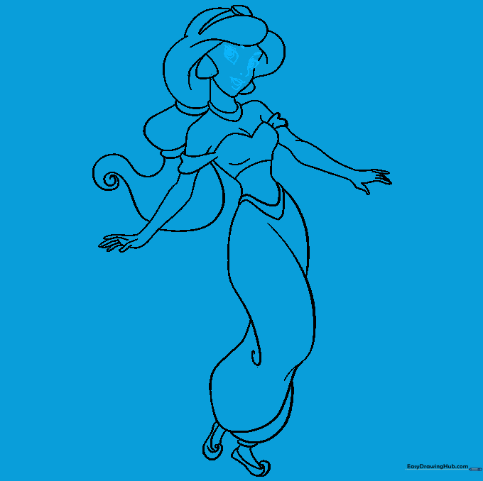 Close-up line drawing of Princess Jasmine's facial features.
