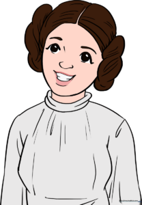 A colorful, finished illustration of Princess Leia, showcasing her iconic hairstyle and white gown.