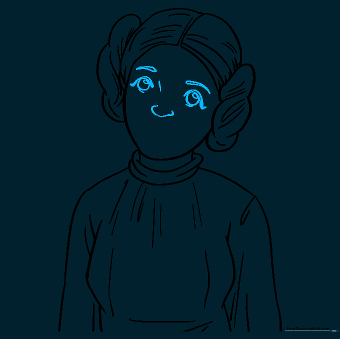 Detailed facial features including eyes, eyebrows, and nose added to the Princess Leia sketch.