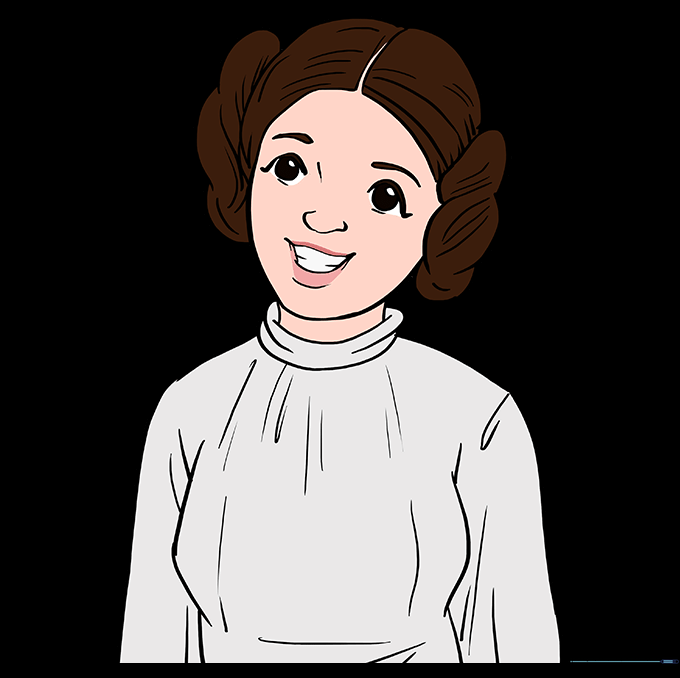 The final colored drawing of Princess Leia with brown hair and a white gown.