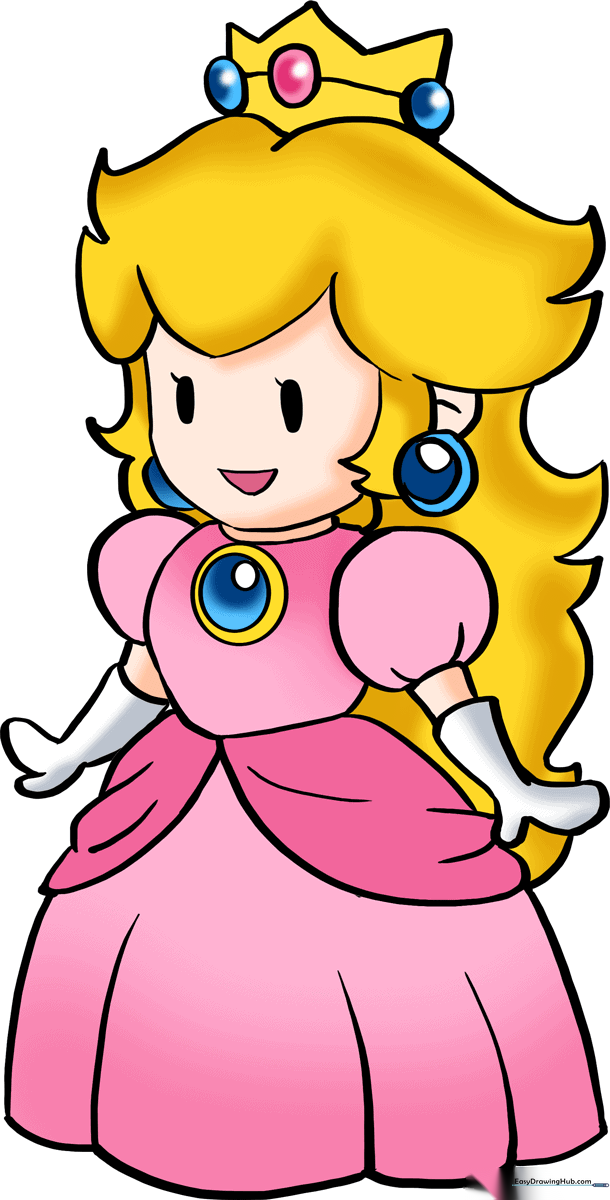 A vibrant, finished illustration of Princess Peach, showcasing the final result of the drawing tutorial.