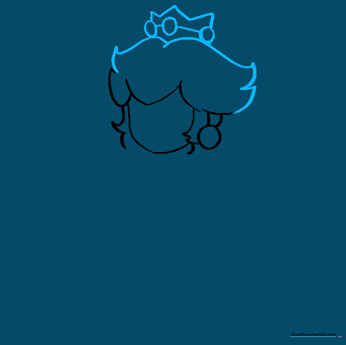 Drawing showing the addition of Princess Peach's crown with jewel details on top of her hair.