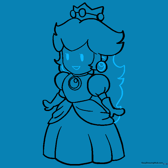 Final line art showing Princess Peach's facial features, hair, and earrings.