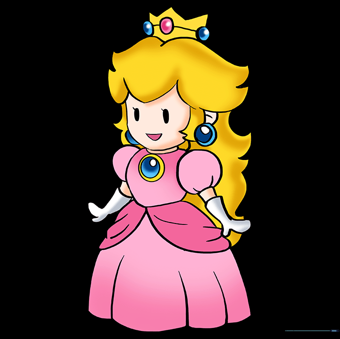 Finished, colored drawing of Princess Peach with her signature pink dress and blonde hair.