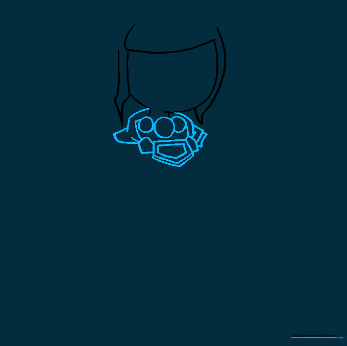 Drawing of Zelda's torso structure using geometric pentagon shapes.