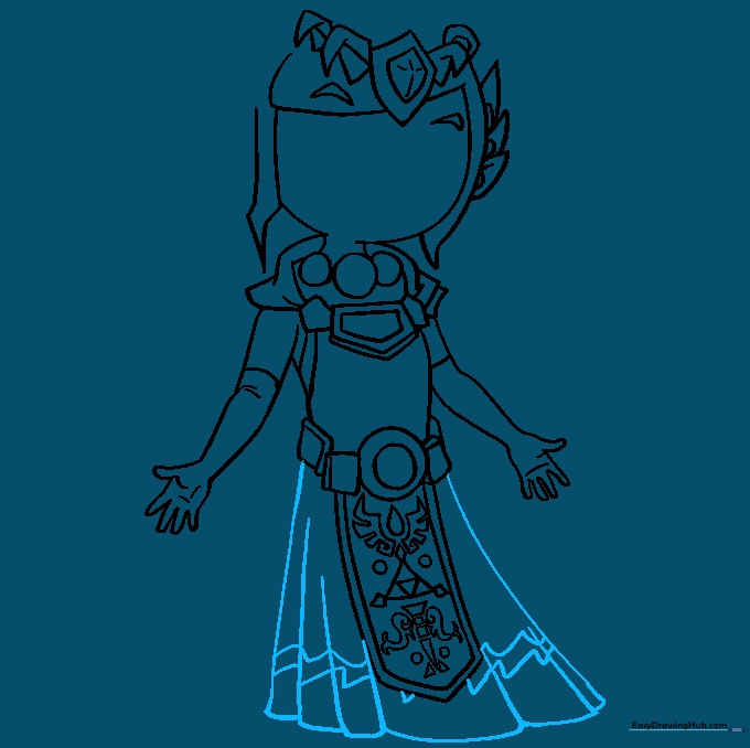 Adding fabric folds and wavy decorative lines to Zelda's dress.